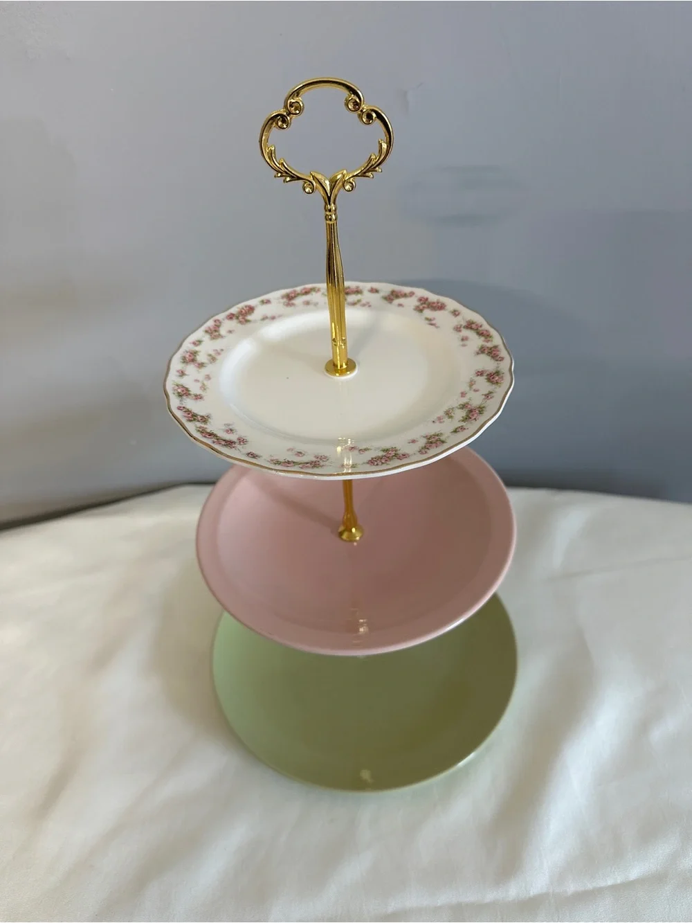Three-Tier Dessert Stand in Pink, Green & White with Gold Accents